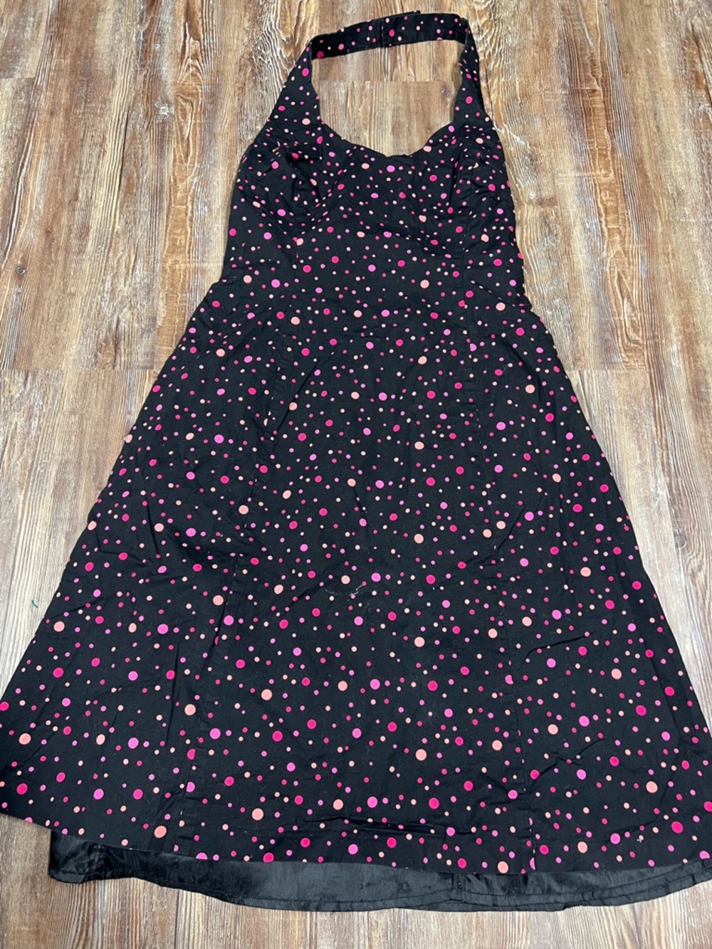 Vintage Y2K Black and pink polka dot halter dress with ruffle detail. Size: 6